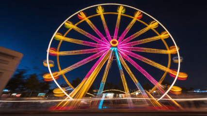 Vibrant Ferris Wheel Spins at Night Capturing Light Trails and Motion Blur for a Stunning Visual Effect