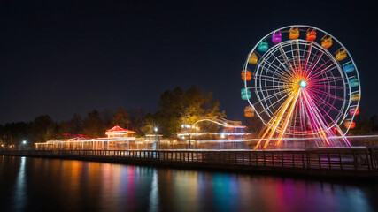 Vibrant Ferris Wheel Spins at Night Capturing Light Trails and Motion Blur for a Stunning Visual Effect