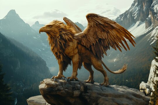A griffin stands on a cliff with its wings spread among the mountains