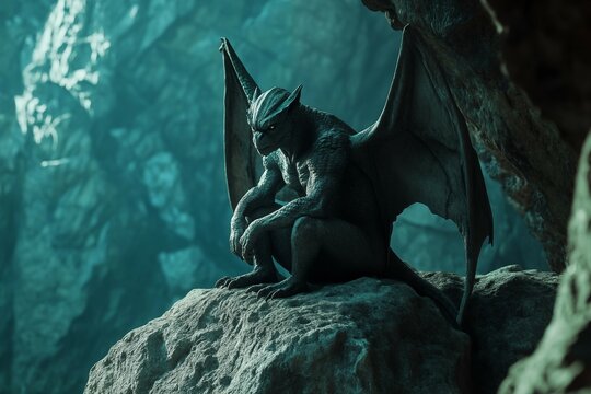 A brooding gargoyle sits on a rock among the cliffs