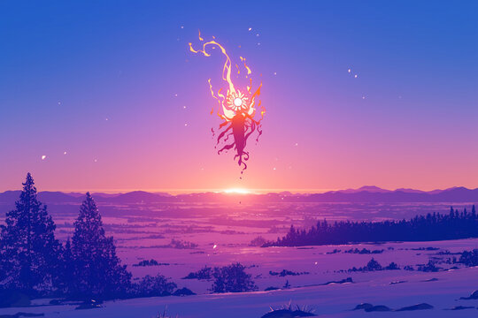 Silhouette of God Floating in the Sun's Glow Against a Dawn Landscape &ndash; A Beautiful Representation of Hope and Renewal, Capturing the Essence of Inspiration and Spiritual Awakening