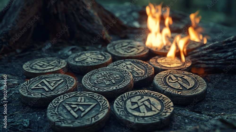 Wall mural rustic rune chips intricately carved with protective symbols lay scattered on the forest floor illum