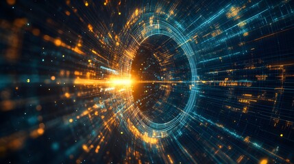 Abstract Digital Tunnel with Glowing Lines and Particles