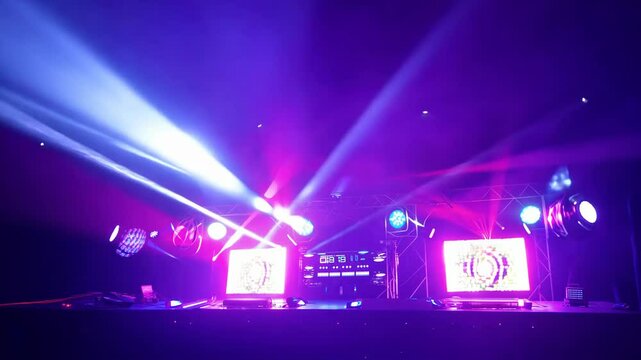 Nightclub stage with lasers, smoke, and flashing lights creating a high-energy visual spectacle for an electrifying dance experience.