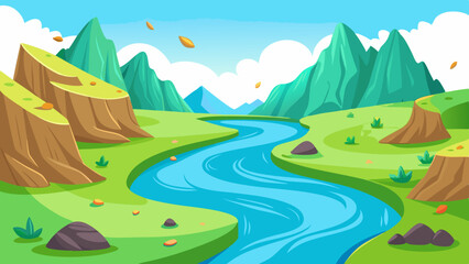 Fototapeta premium Landscape with winding river flowing between green rolling hills vector illustration 