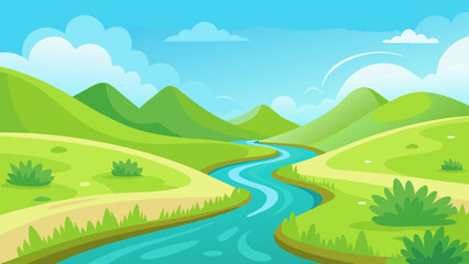 Landscape with winding river flowing between green rolling hills vector illustration 