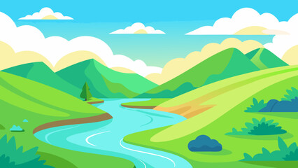 Landscape with winding river flowing between green rolling hills vector illustration 