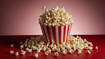 Overflowing popcorn in classic striped box on vibrant red background, evoking cinema snack nostalgia.