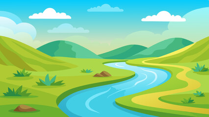 Obraz premium Landscape with winding river flowing between green rolling hills vector illustration 