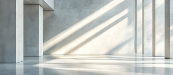Obraz premium Minimalist concrete room with sunlight streaming through windows.