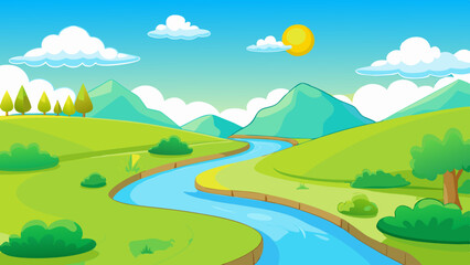 Obraz premium Landscape with winding river flowing between green rolling hills vector illustration 