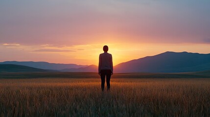 A silhouette of a person standing in a wide field, gazing at a vibrant sunset behind distant hills, evoking a sense of peace and contemplation.