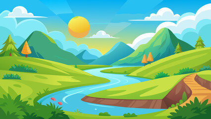 Landscape with winding river flowing between green rolling hills vector illustration 
