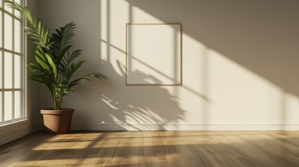 Fototapeta premium Minimalist interior design with a large blank frame, a potted plant, and hardwood floors. The room is bathed in warm sunlight.