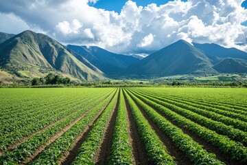A field of green plants with a mountain in the background, generative ai image