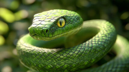  A green snake coiled in a calm, defensive posture with vibrant yellow eyes, creating an intense and dramatic visual of nature and wildlife.