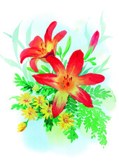 Flowers watecolor drawing, flower over white background painting