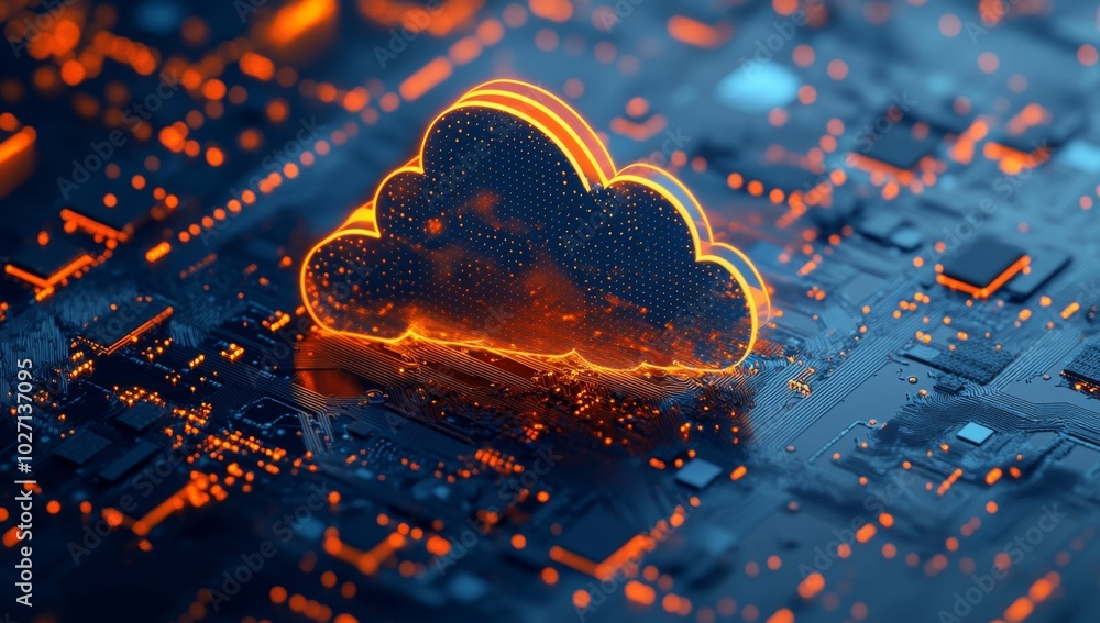 Poster a glowing cloud computing symbol sits atop a circuit board, representing the power and connectivity 