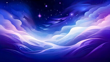 Ethereal Celestial Landscape: Swirling Clouds and Nebulae in Shades of Blue, Purple, and White, with Stars and Celestial Bodies in the Background