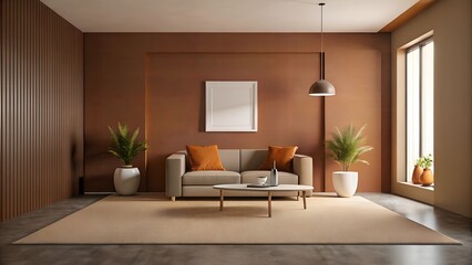 Fototapeta premium Minimalist interior design of modern living room with carpet brown wall