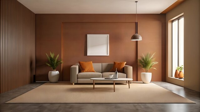 Minimalist interior design of modern living room with carpet brown wall