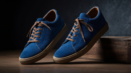 Fototapeta premium Stylish blue suede sneakers with brown laces on a wooden surface showcasing modern casual footwear.