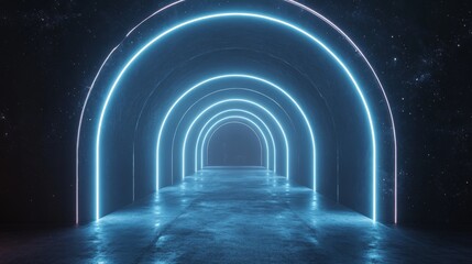 Neon Blue Archway Leading Through a Dark Space with Stars