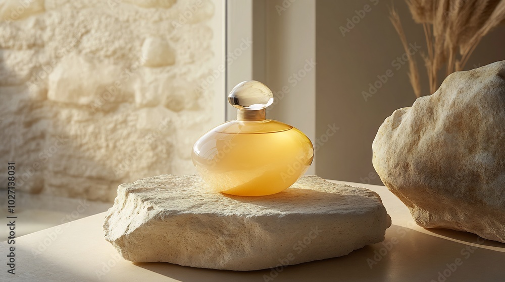 Aufkleber sleek perfume bottle with minimal design placed on smooth natural stone the fragrance bottle gleams 