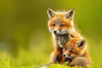 Two foxes posed on lush meadow
