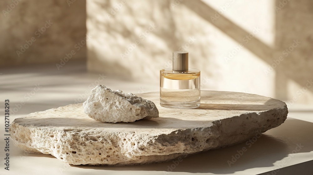Aufkleber sleek perfume bottle with minimal design placed on smooth natural stone the fragrance bottle gleams 