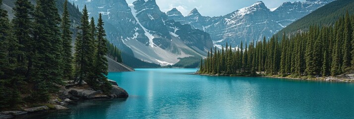 A stunning view of a tranquil lake surrounded by majestic mountains and lush green trees. This nature scene captures the beauty of the outdoors in landscape photography. AI