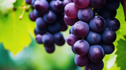 Fototapeta premium Fresh Dew-Kissed Purple Grapes on Vine