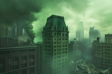 A city skyline with dark storm clouds gathering overhead, symbolizing an impending financial crisis, with a crumbling bank tower in the foreground