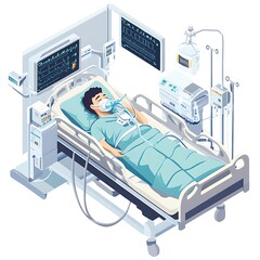 Comprehensive medical setup in ICU with a patient receiving lung ventilation illustrated.
