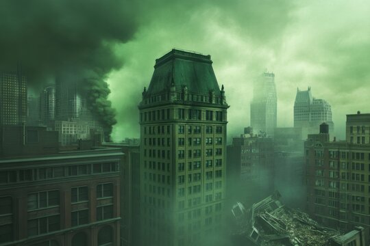 A city skyline with dark storm clouds gathering overhead, symbolizing an impending financial crisis, with a crumbling bank tower in the foreground