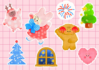 set of christmas elements, christmas tree with Santa Claus, card of a party, Christmas, 2025, happy new year, sticker 