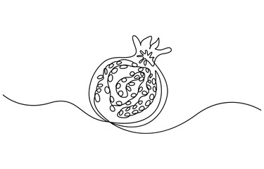 Pomegranate in Continuous single one line drawing. One line drawing of fruit. Happy Shana Tova Fruit contour with editable stroke. Continuous linear drawing of pomegranate. One line drawing garnet