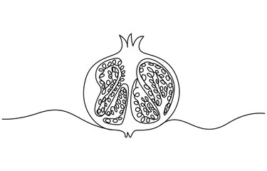 Pomegranate in Continuous single one line drawing. One line drawing of fruit. Happy Shana Tova Fruit contour with editable stroke. Continuous linear drawing of pomegranate. One line drawing garnet