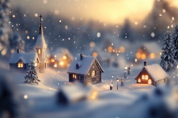 Fototapeta premium Village enneigé sous la lumière dorée d'un crépuscule d'hiver