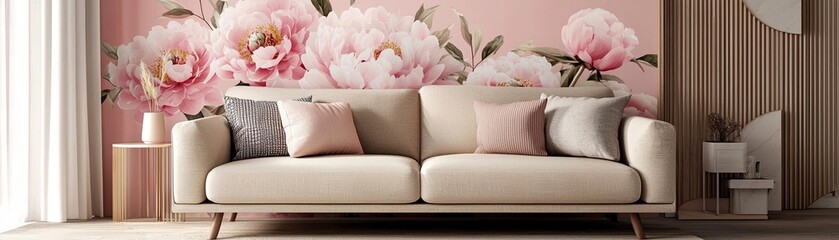 Elegant living room with pink peony floral wallpaper, stylish neutral sofa and cushions, cozy home interior, feminine luxury design, floral art