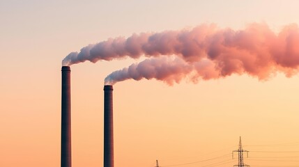 Obraz premium Pollution from factory chimneys rising into the sky, industrial emissions, environmental damage, smoke-filled air and distant power lines, climate change