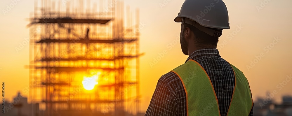 Wall mural silhouetted builder on a construction site, sunset backdrop, urban development, scaffolding and indu