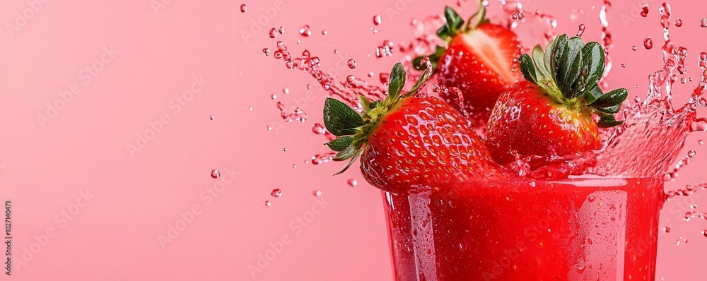 Wall mural strawberry splash in red drink, bright pink background, fresh and juicy fruit in motion, liquid spla