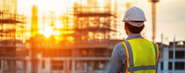 Silhouetted builder on a construction site, sunset backdrop, urban development, scaffolding and industrial landscape, architectural career and work