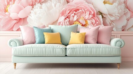 Sofa with colorful cushions in front of large peony flower wallpaper, modern living room interior, pink floral theme, cozy and chic home decor