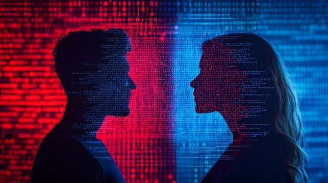 Silhouettes of man and woman facing each other, binary code and futuristic digital grid, blue and red glowing abstract background, technology, AI concept - Powered by Adobe