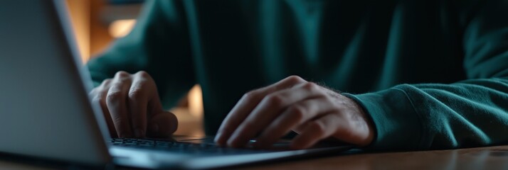 A person is focused on typing on a laptop, bathed in warm light from a cozy office space, illustrating a blend of concentration, technology, and a comfortable work atmosphere.