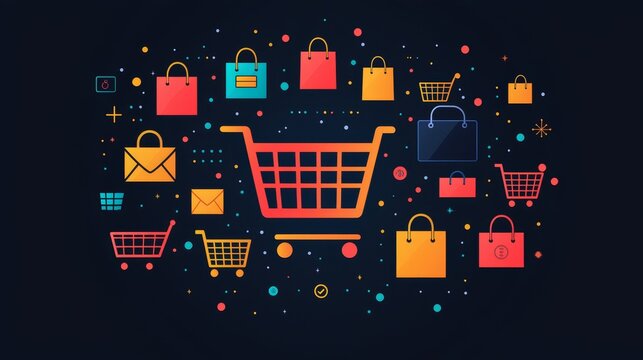 A sleek e-commerce platform interface with icons for discounted items, sale alerts, and shopping cart, all in bold, flat colors, representing modern online shopping.