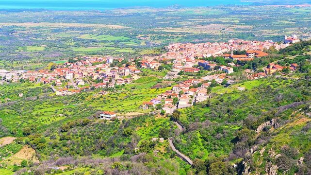Cuglieri, Sardinia cityscape from Casteddu Ezzu Montiferru castle in Italy aerial high angle view on city town street