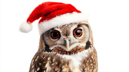 Obraz premium An owl wearing a bright red Christmas hat, isolated on a white background. The owl has large, vibrant eyes with an orange hue, giving it a festive and slightly humorous appearance